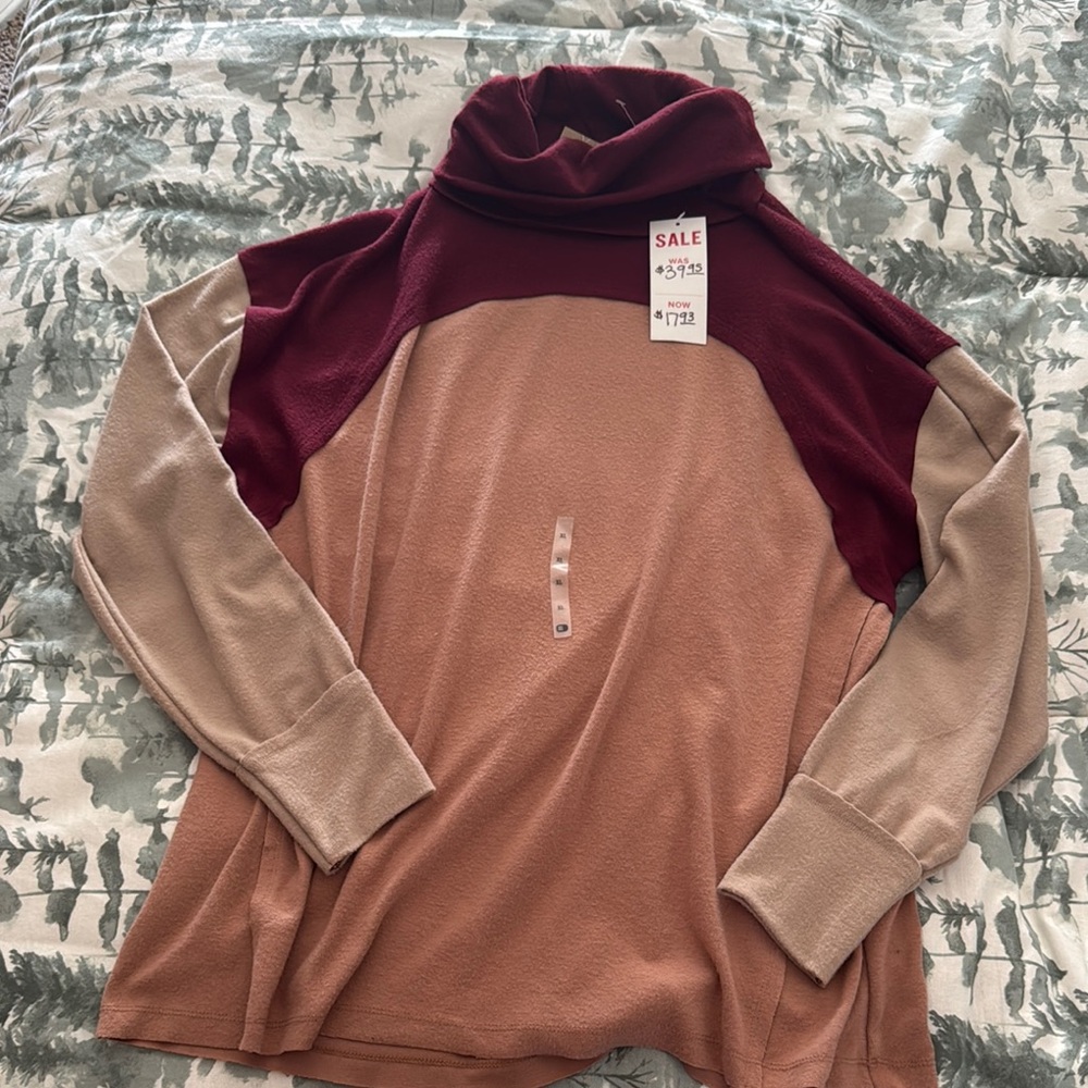 BKE Burgundy and Tan Cowl Neck Sweater
